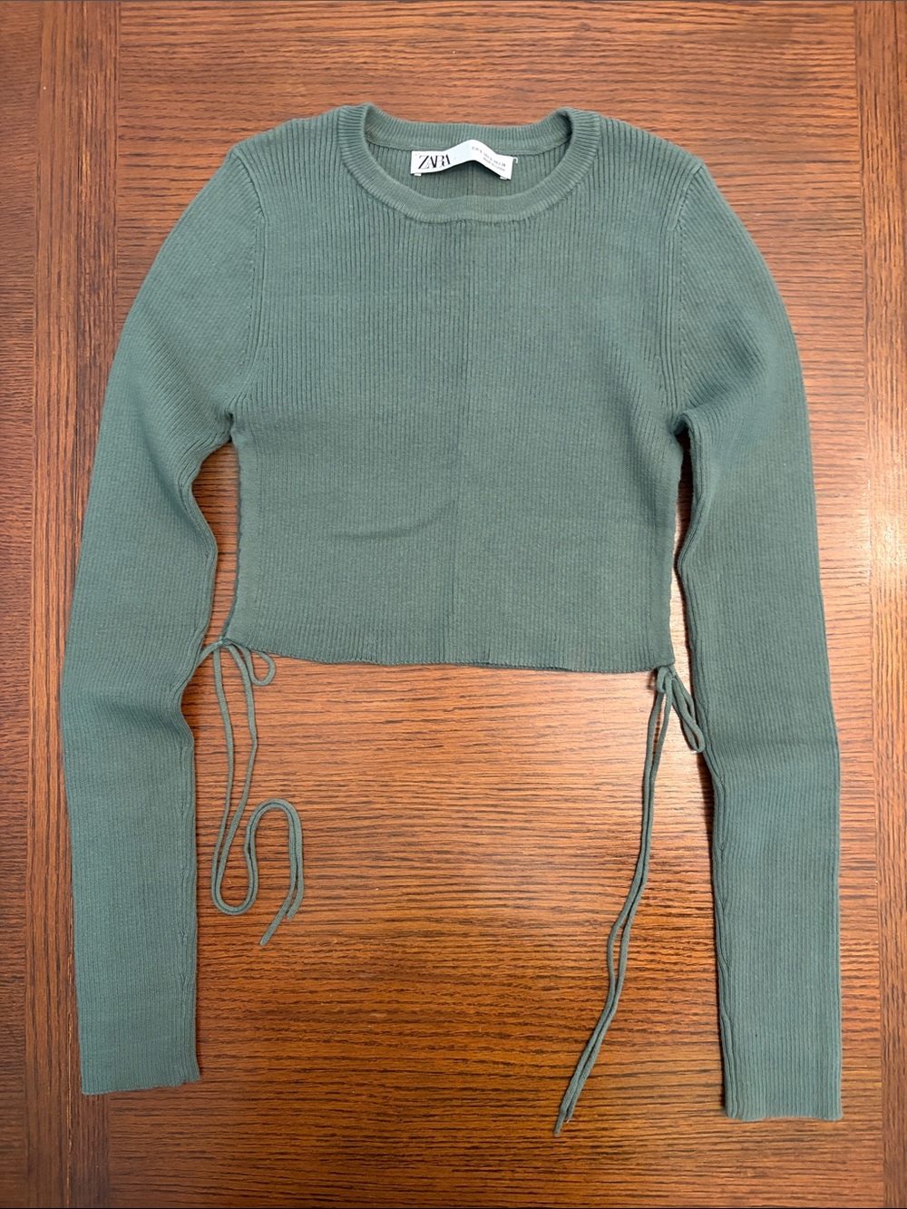 Zara Sage Green Cropped Ribbed Tie-Side Sweater